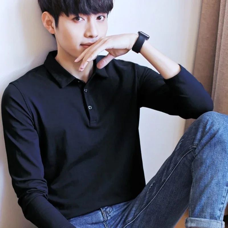 Spring Autumn Men Cotton Long Sleeve Polo Shirt with Collar Black Plus Size Casual Tee Top