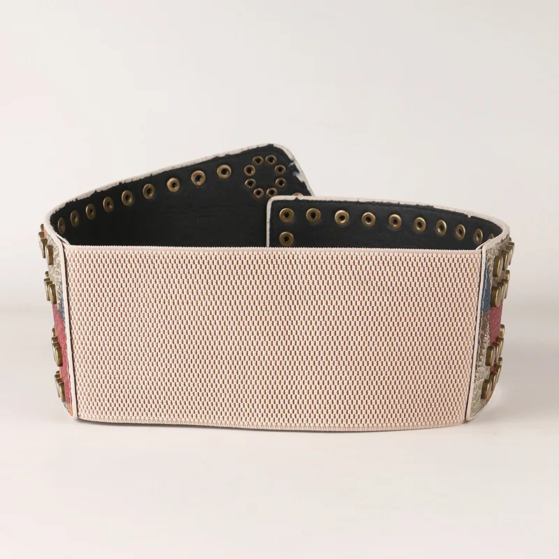 Dames klinknagel lederen balpatroon retro mode riemen voor vrouwen taille decoratieve elasticiteit gordel buikband op jurk jas