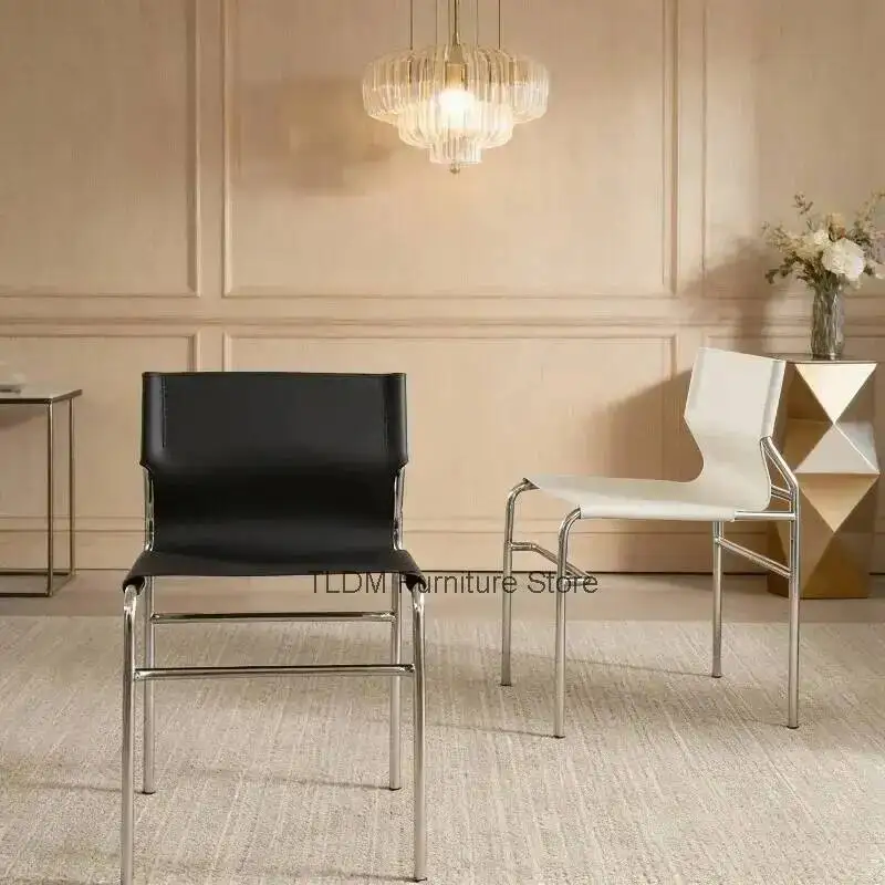Side Modern Chrome Sling Dining Minimalist Chair, Leather Frame, Accent Industrial Chair with Chair for Kitchen Living Room