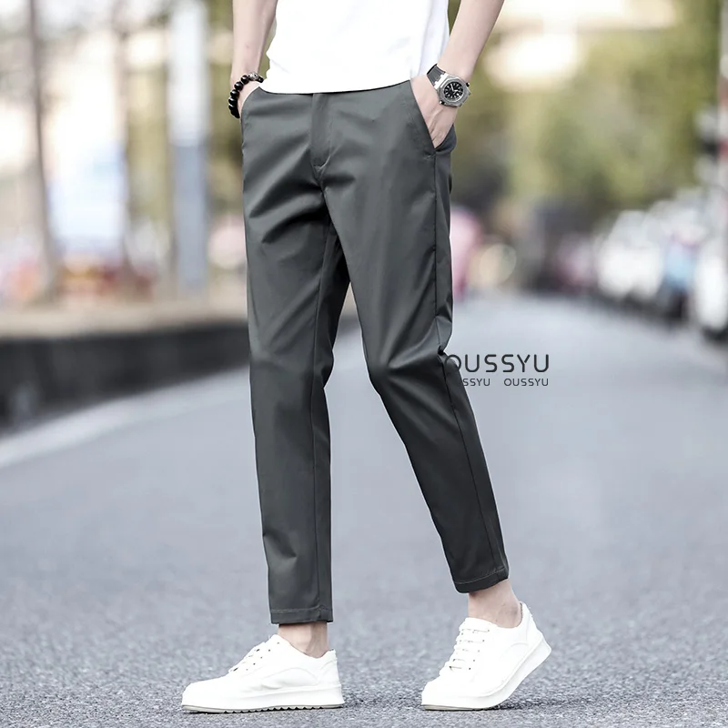 2025 nuevos pantalones tobilleros de algodón de verano para hombre, pantalones ajustados con cintura elástica para correr al aire libre, traje de trabajo coreano, pantalones casuales para hombre 28-38