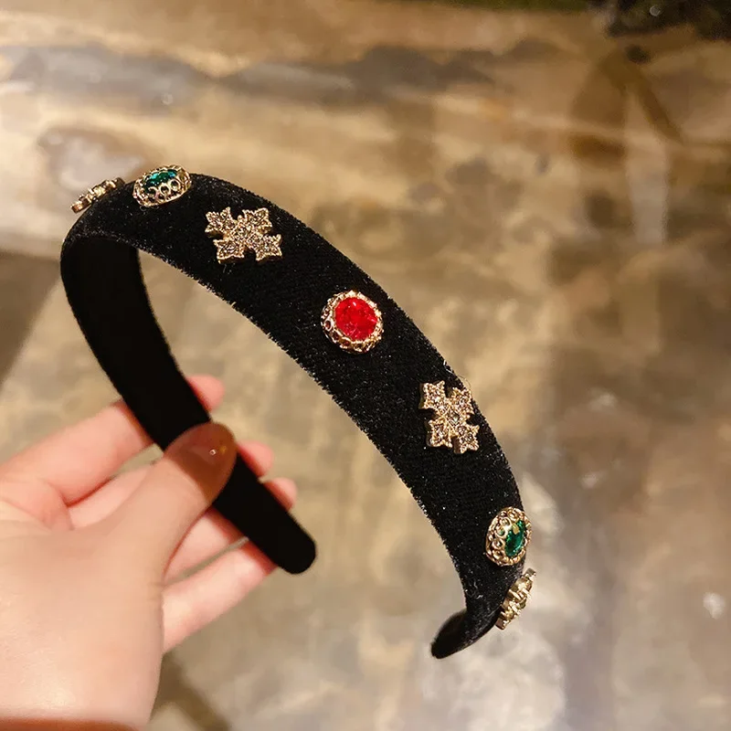 Korea Vintage Black Velvet Headband for Women 2024 Retro Red Color Crystal Round Star Geometric Velour Hairband Hair Accessories