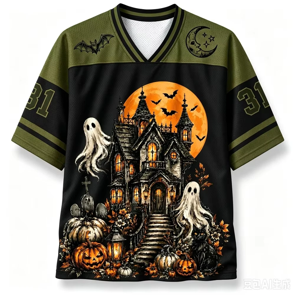 Halloween Haunted House Ghost Pumpkin Graphic Mesh Jersey V Neck Short Sleeve Loose Unisex Streetwear Sports Tee For Men Women