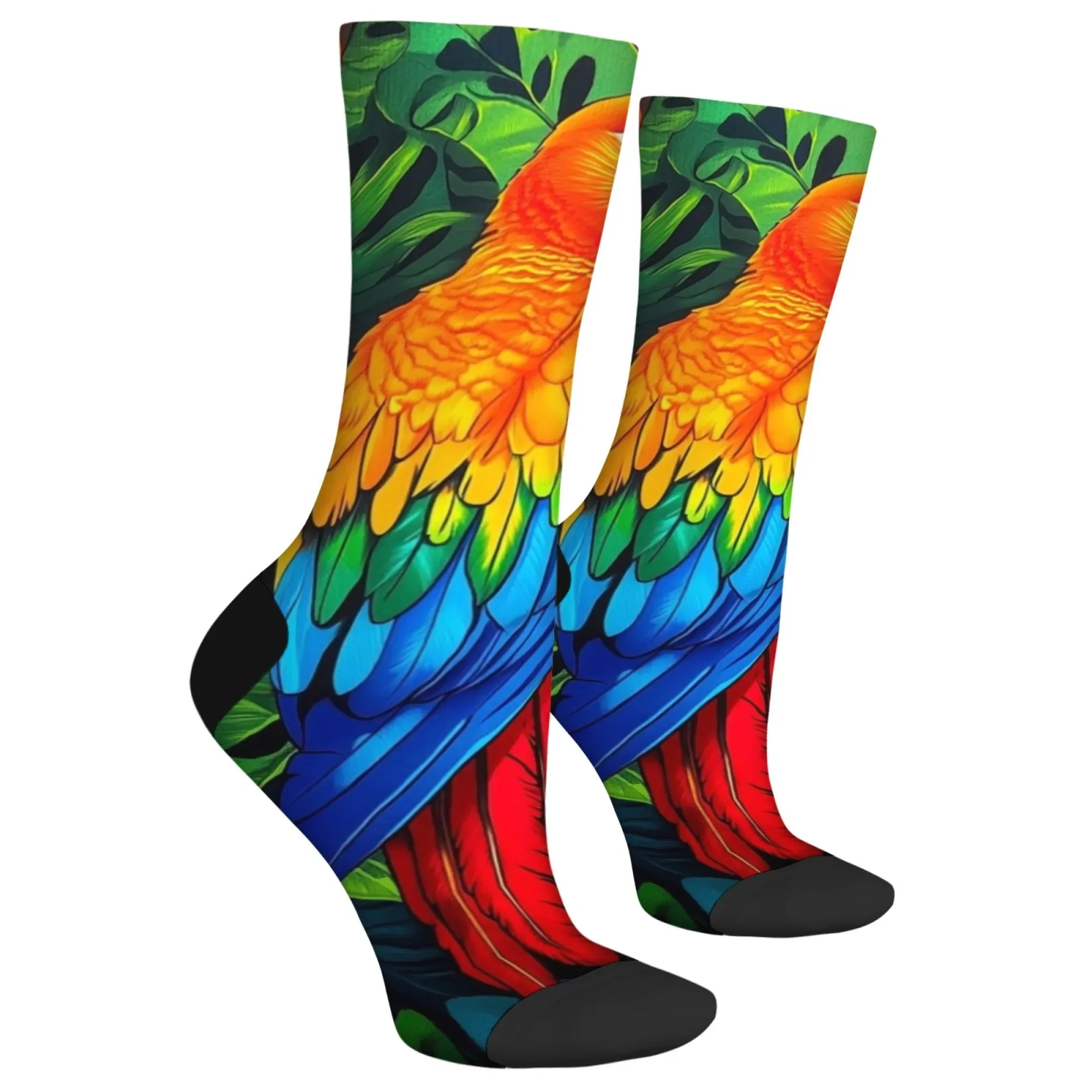 A pair of colorful macaw men's socks tropical rainforest style retro fashion socks soft breathable sports outdoor travel unisex