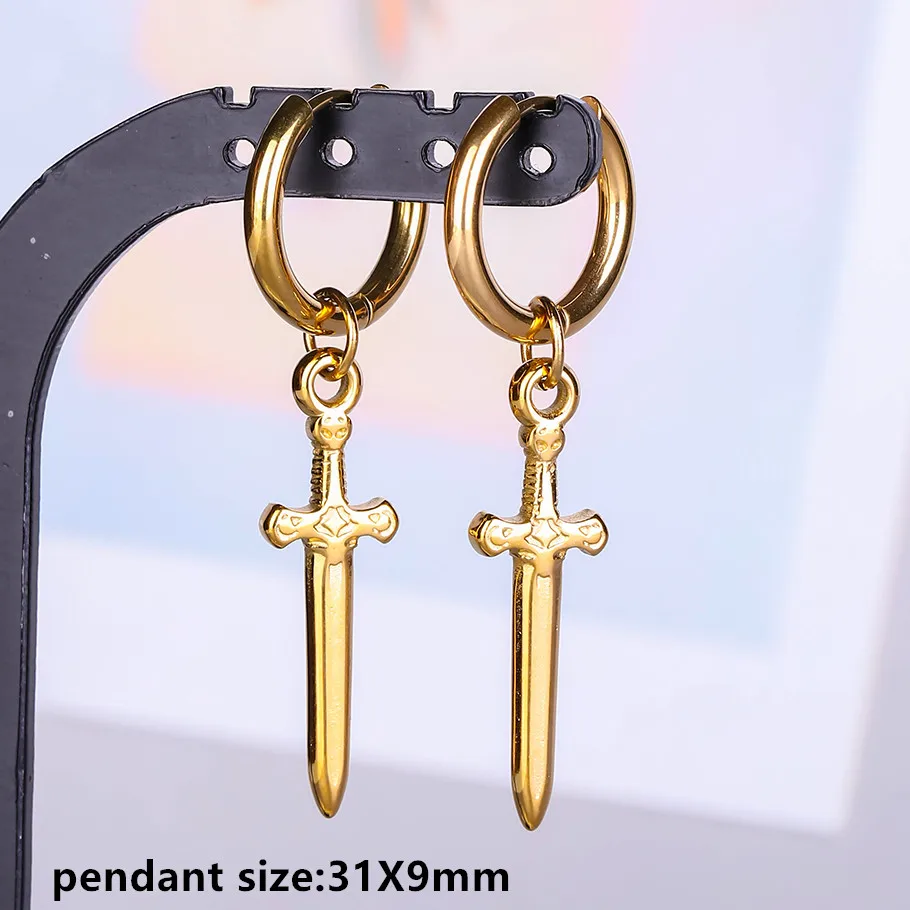 Engelskreuz Alien Anhänger Creolen Stern Schwert Bogen Edelstahl Runde Ohrringe für Damen Herren Schmuck Piercing Aretes Geschenk – Detail 4