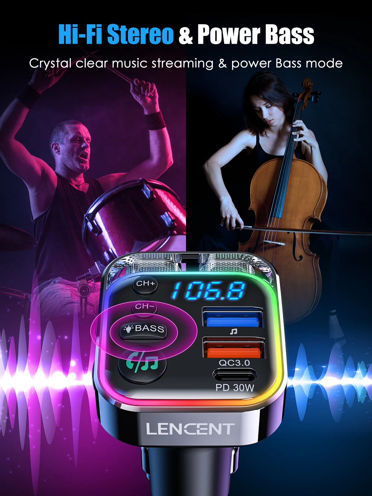LENCENT Bluetooth 5.3 FM-передатчик с PD 30 Вт и быстрое зарядное устройство QC3.0 Автомобильный адаптер Bluetooth Hi-Fi Музыка/Прозрачный автомобильный комплект для вызова