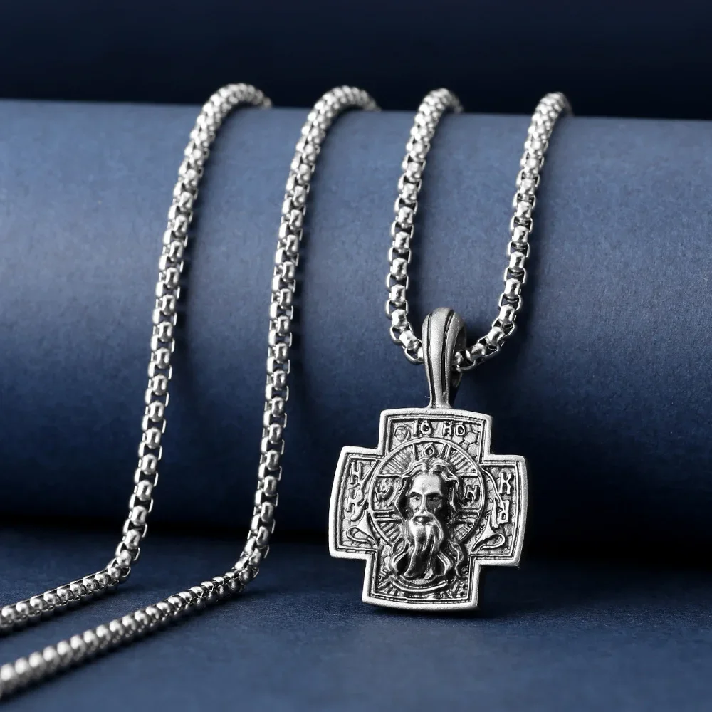 Catholic Cross Christ Pendant necklace Priest Religious Stainless Steel Chain Tin Charm Religious Jewelry