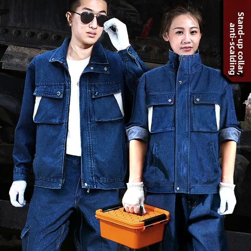Completo da Lavoro in Denim di Puro Cotone Rinforzato per Saldatura, Set con Top a Collo Alto e Pantaloni, Protezione per le Mani, Tuta da Lavoro da Uomo