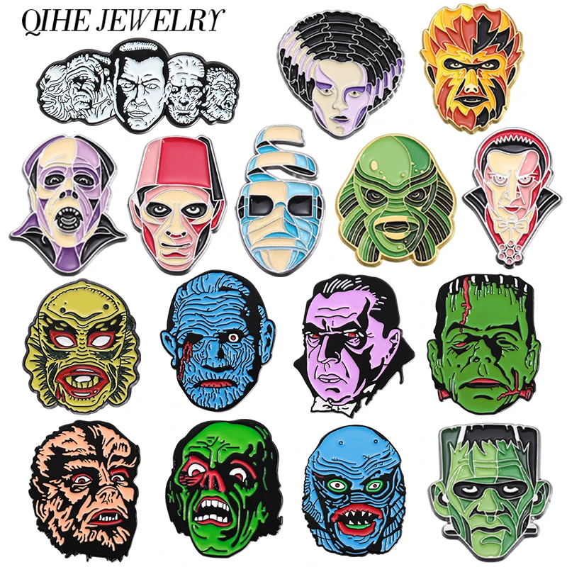 Vintage-Horrorfilm-Monster-Kollektion Emaille-Pin, Gothic-Thriller-Charakter-Monstergesicht-Brosche, Taschen- und Reversnadel, Schmuck-Pin
