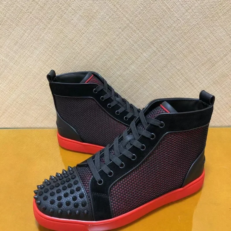 

Fashion High Top Red Bottom For Men Luxury Brand Trainers Driving Spiked Black Net Genuine Leather Rivets Toecap Flats Sneaker