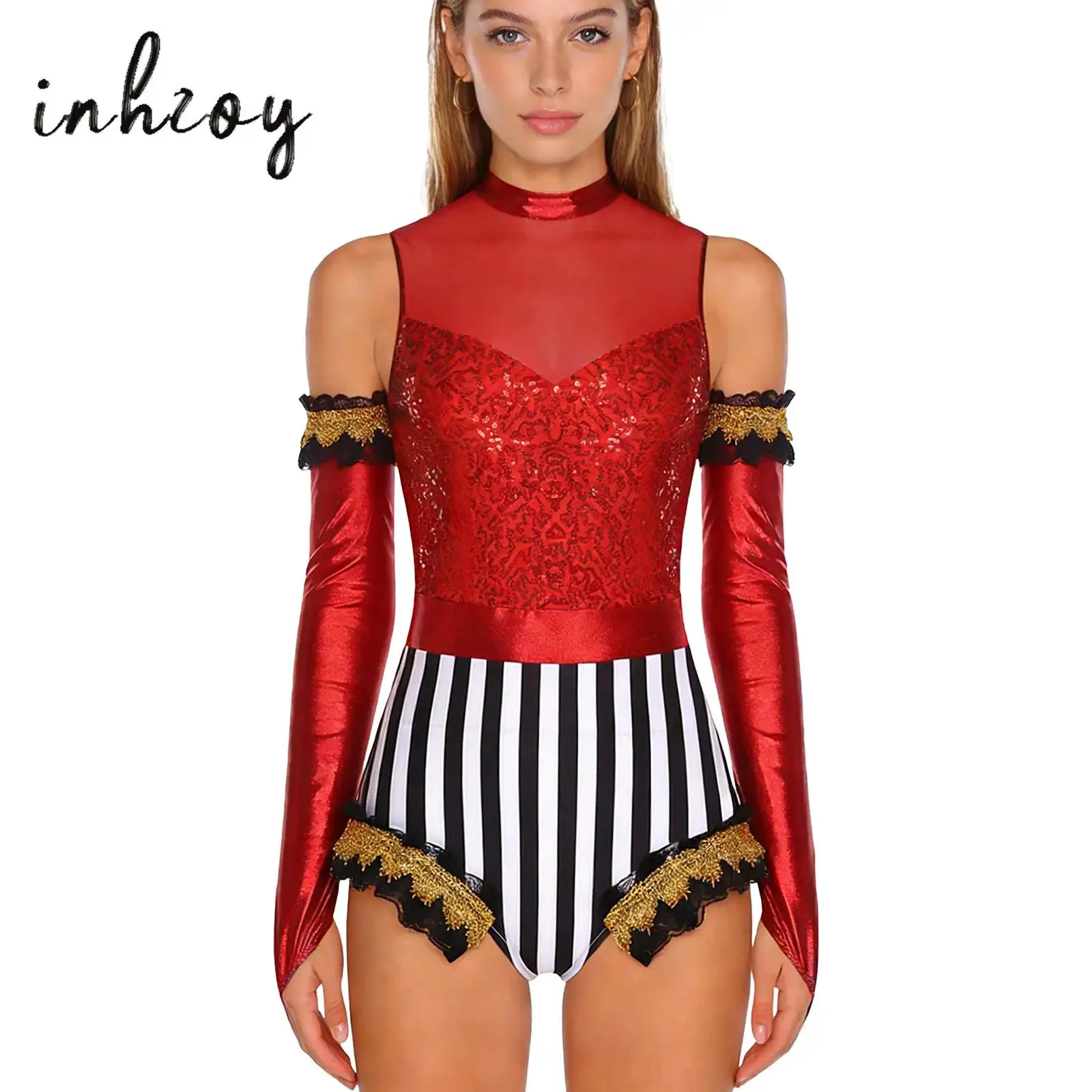 

Womens Circus Ringmaster Sequins Striped Bodysuit Halloween Cosplay Costume Lion Tamer Drum Band Jumpsuit Epaulet Rompers+Gloves