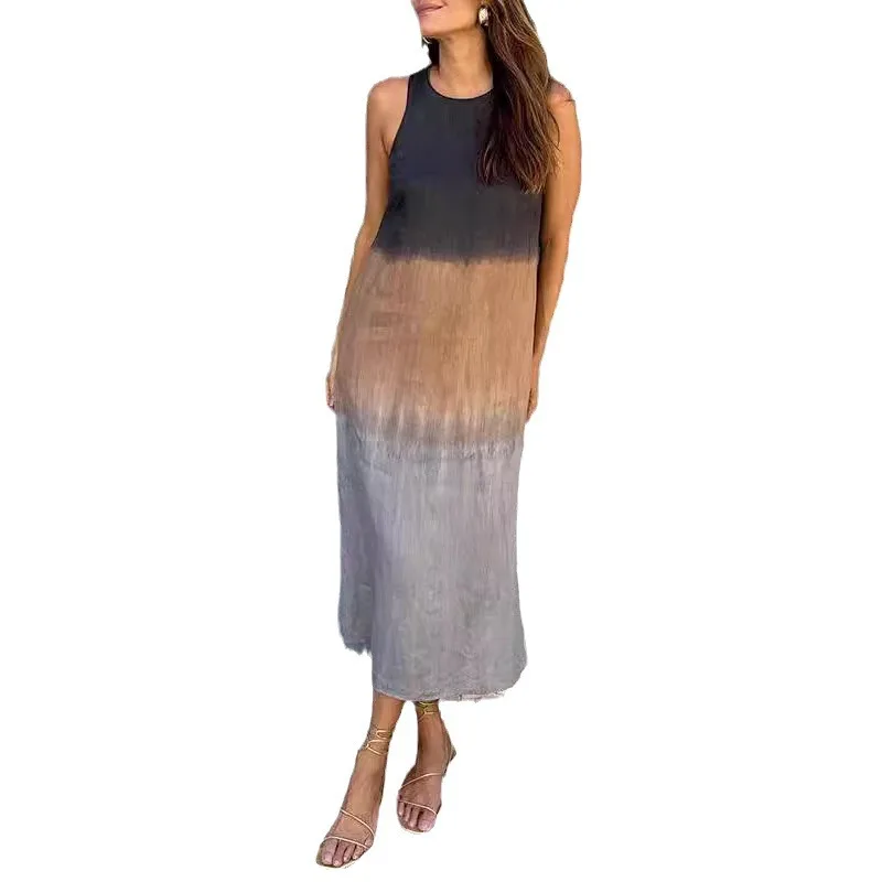 Verão feminino casual sem mangas fenda moda gradiente vestido 2025 temperamento longo vestido sem mangas para mulher