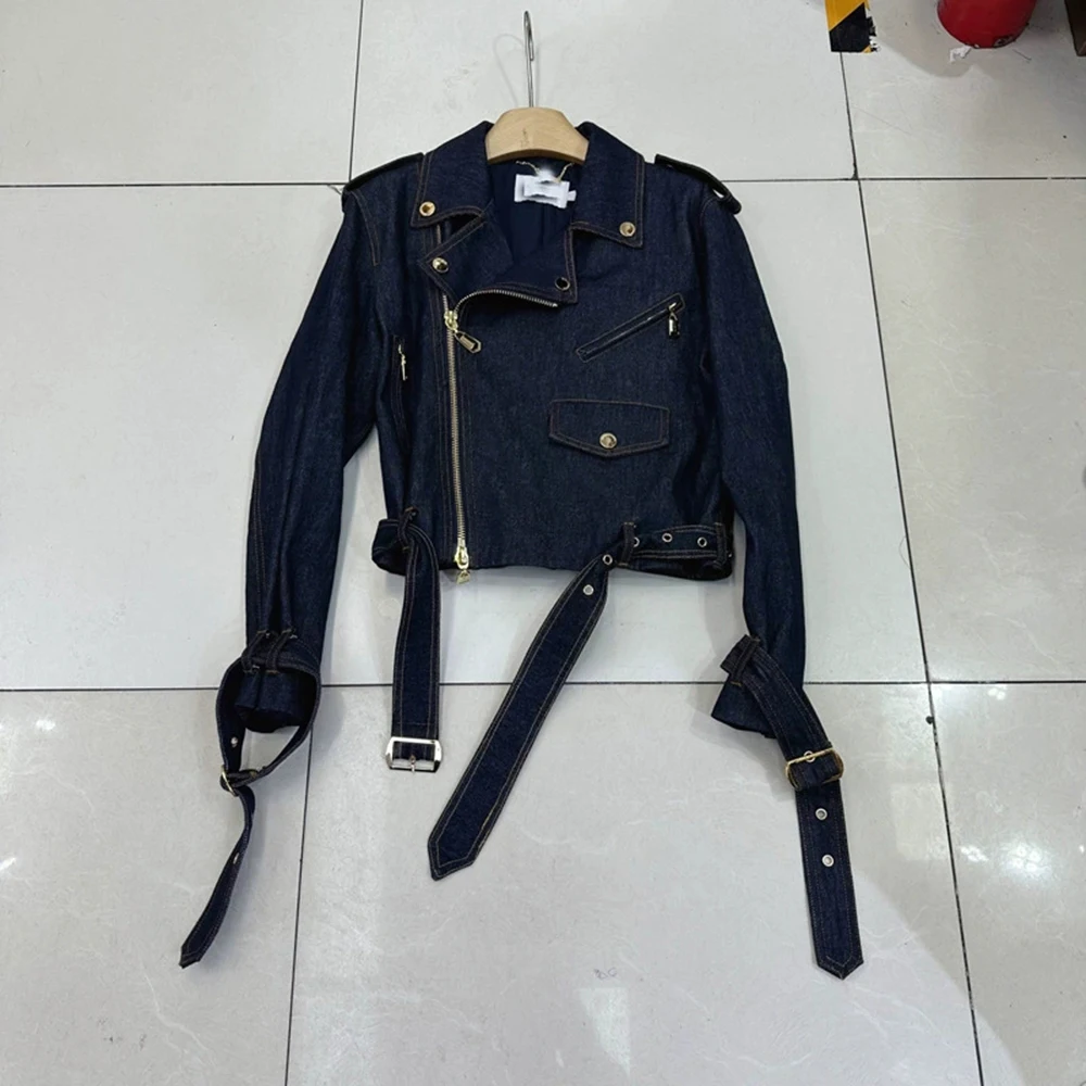 

Australian new style lapel long sleeves multi-zipper decorative belt casual style denim jacket-GZXX359
