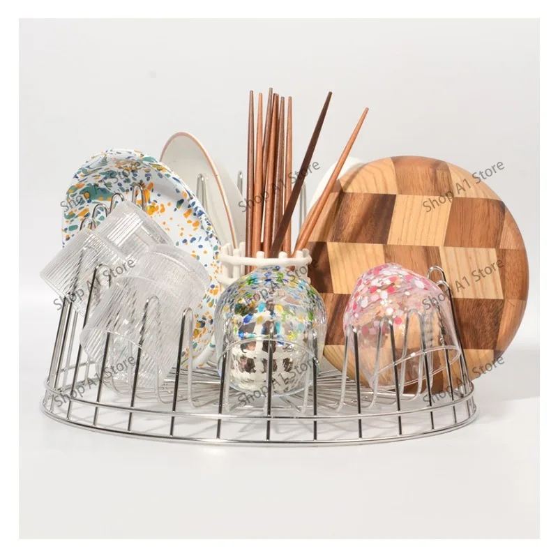36cm Round Kitchen Dish Drying Rack, Tableware Storage Holder with Wine Glass Rack for Bowls and Plates