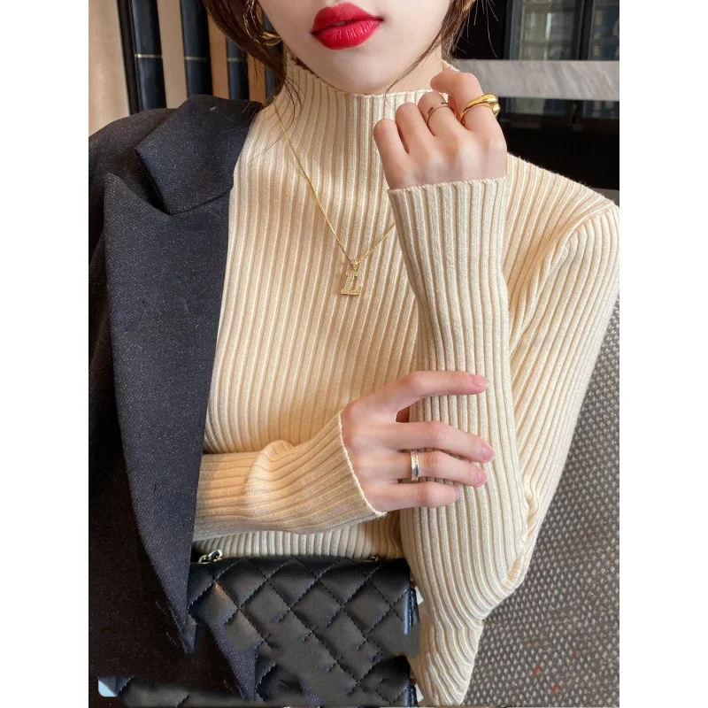 

High Quality Women's Knitted Sweater Half High Collar Thick Style Inner Wear Fashionable Base Shirt Top for Autumn Winter
