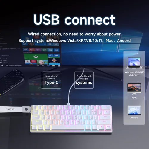 Imagen 2 del producto Ajazz NK61 Teclado mecánico para jugar con cable 61 teclas RGB intercambiable en caliente interruptor rojo de colores mezclados Compatible con Win/Mac para jugadores