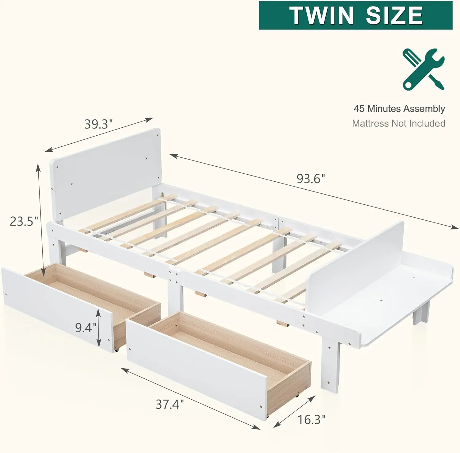 Twin Bed Frames for Kids with 2 Drawers, Storage Platform Bed with Footboard Bench, Twin Kids Bed Headboard Frame Pine