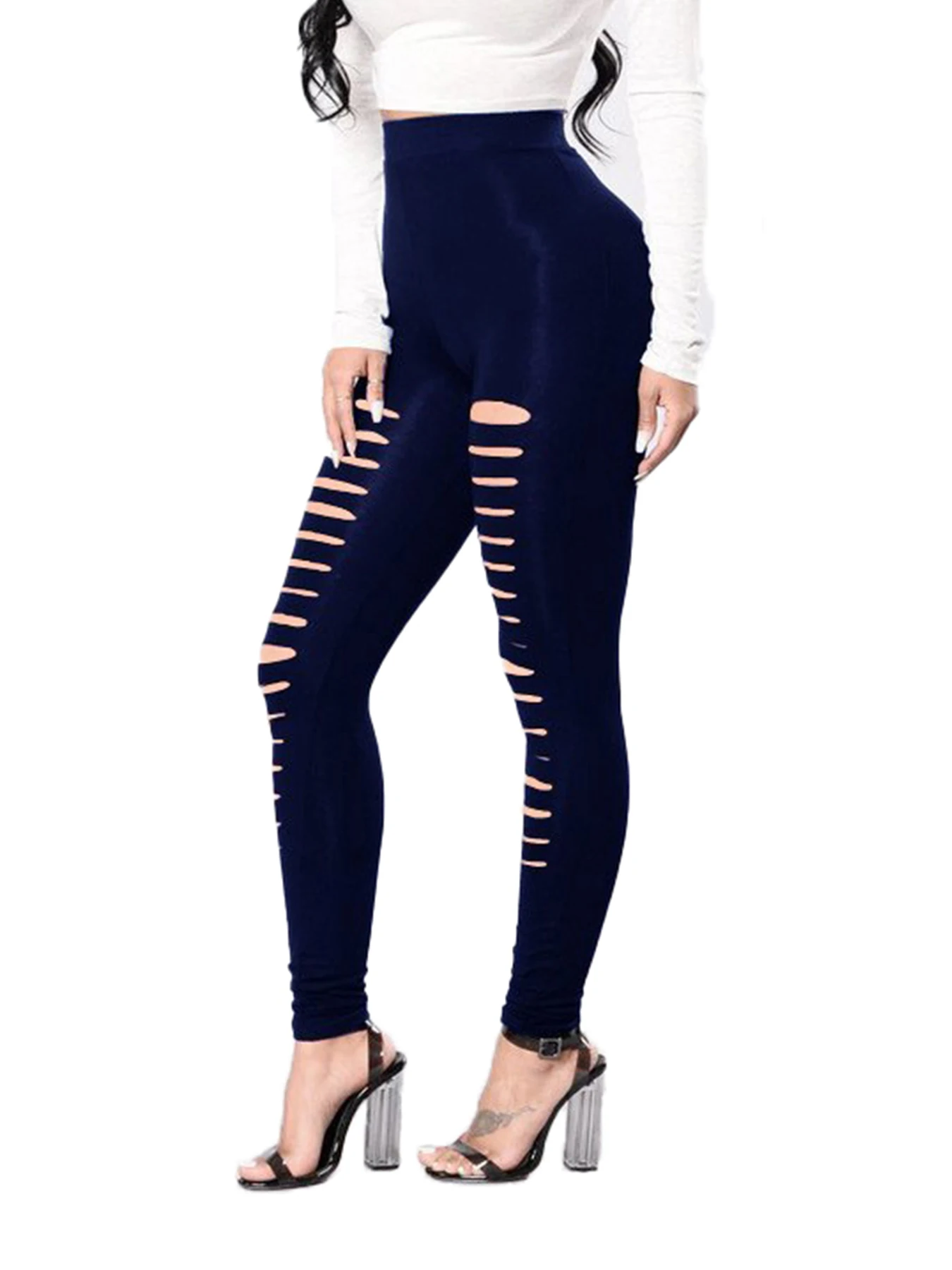 เลกกิ้งรัดรูปแบบมีรูด้านหน้าสีน้ำเงินเข้มของผู้หญิงเลกกิ้งรัดรูปแฟชั่นผ้ายืดสำหรับฤดูใบไม้ผลิและฤดูร้อนใหม่