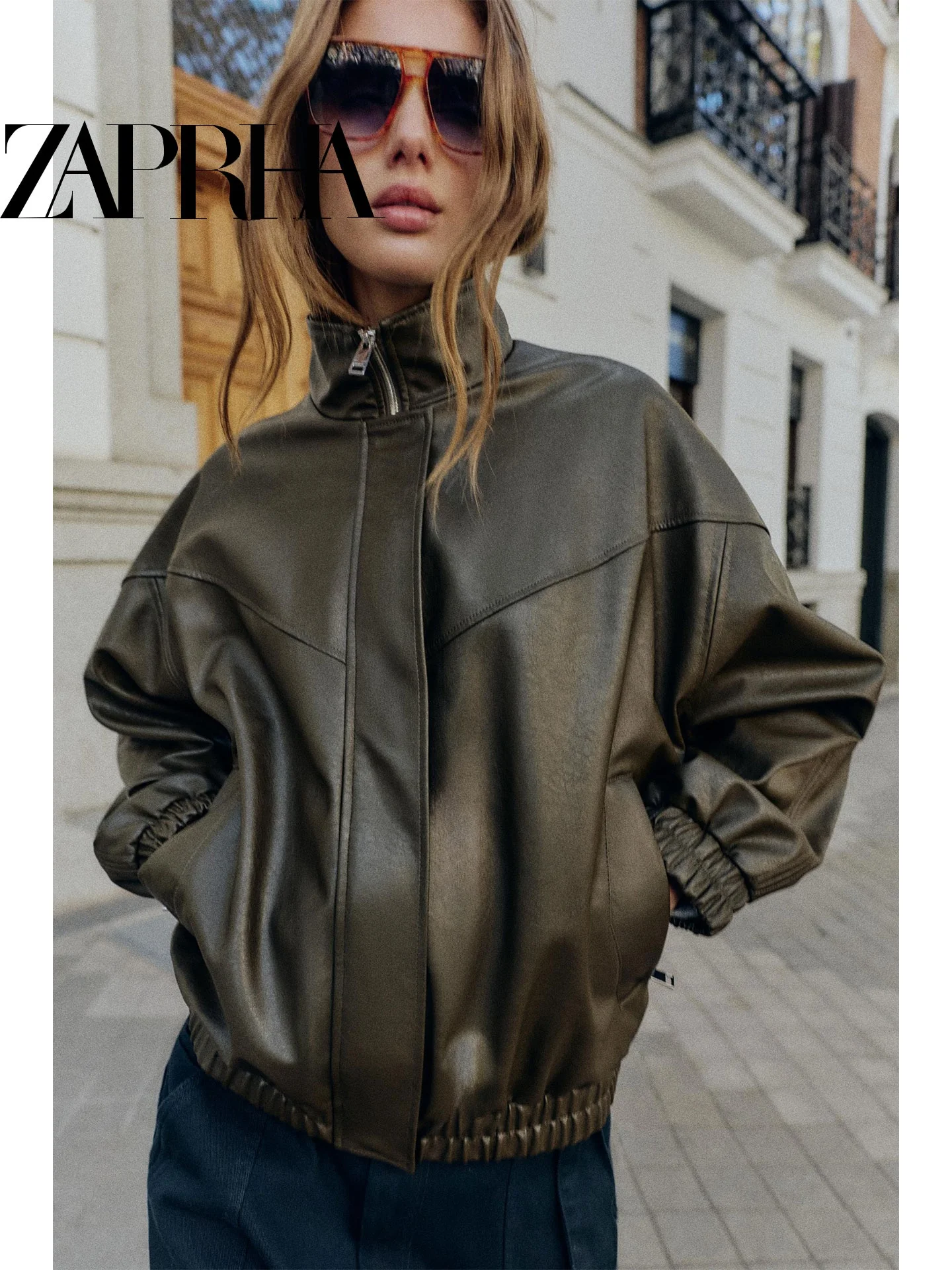 

Spring 2026 Loose Fit Long Sve Stand Collar Leatherette Pilot Jaet Women Casual Sle Zipper Closure Outerwear