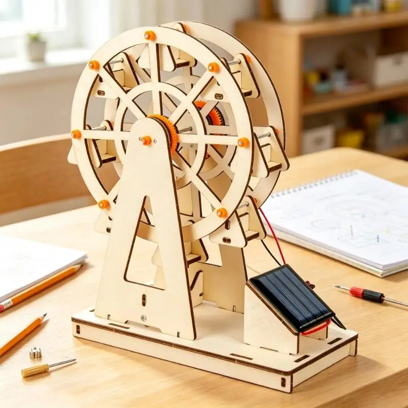 Solar Powered Ferris Wheel Model Kits With Wooden Panel, Visible Gear Mechanism Craft Project for Home Science Activity and