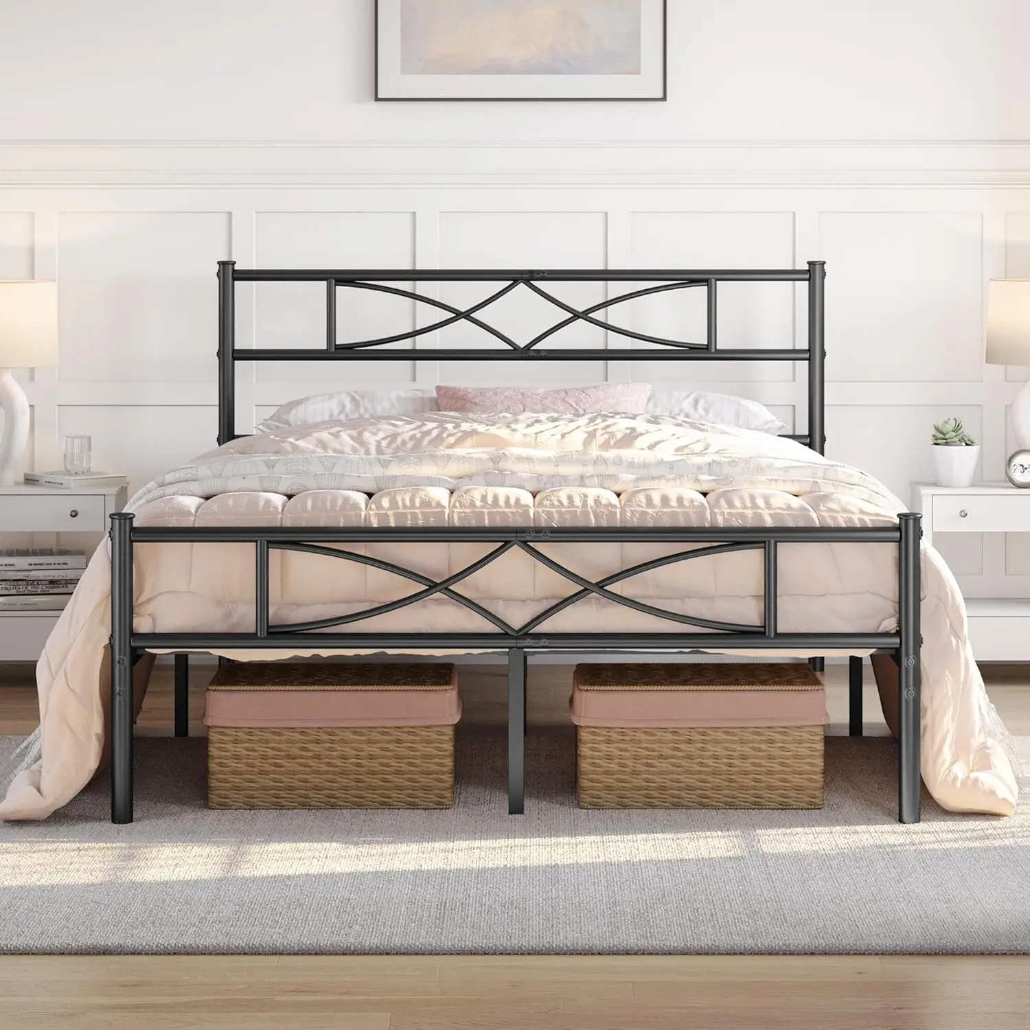 

Queen Platform Bed Frame with Storage, Curved Headboard, Heavy-Duty Support, Easy Assembly, Black