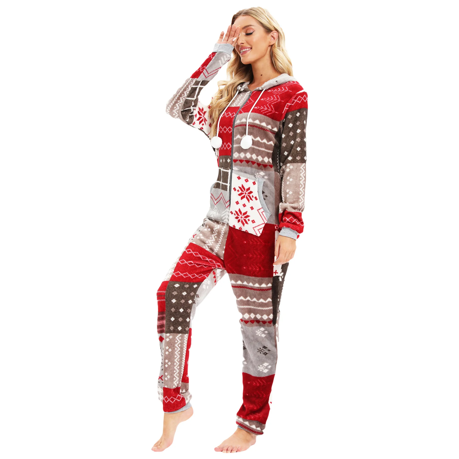 2022 Women Christmas Flannel Plaid Print Pajamas One-Piece Pijamas Adults Cosplay Costume Hooded Onesie