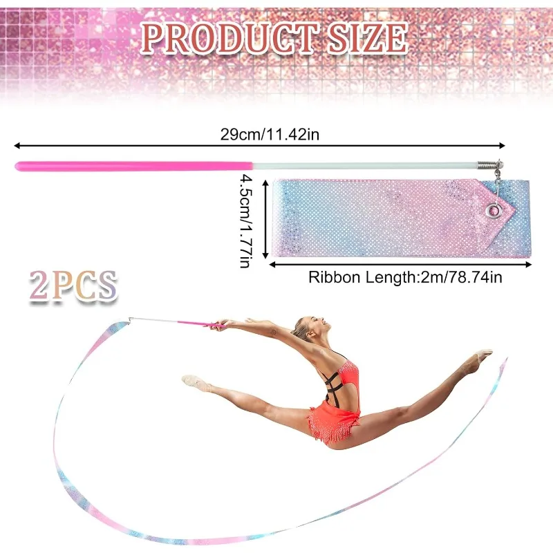 2M Twirling Stick Dance Ribbon, Flashing Glitter Art Gymnastics Ballet Strip for Kid Sport Performance Stage Show Prop 2PCS