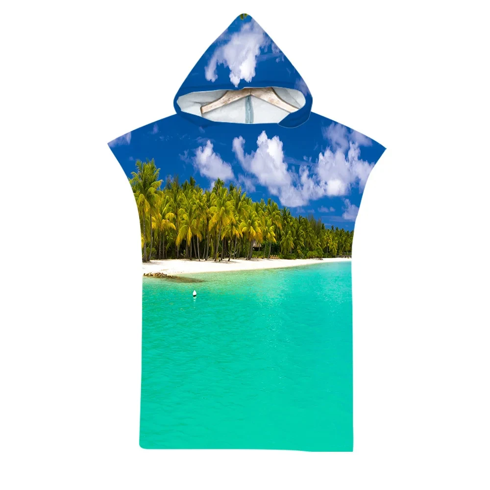 Adult Children's Seaside Landscape Microfiber Quick Dry Hooded Beach Towel Swimming Skin-friendly Bathrobe Surf Diving Poncho