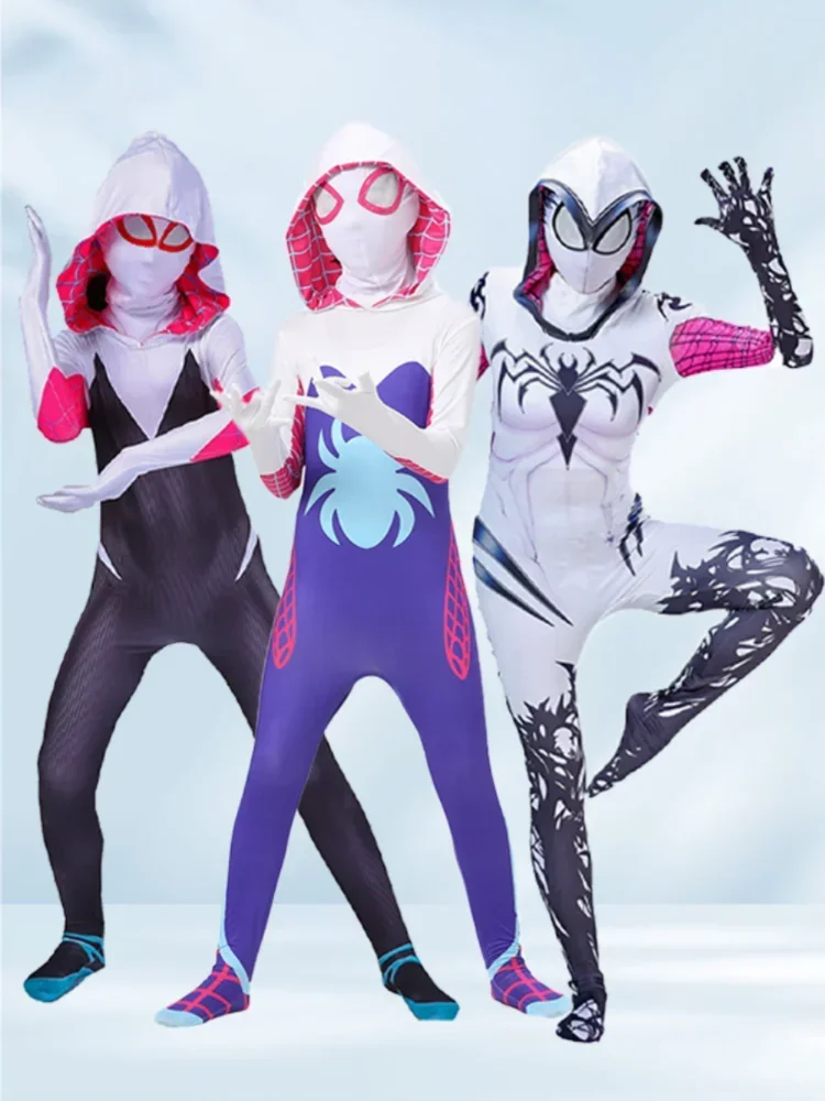 Girls Gwen Ghost Spider Costume Bodysuit Halloween Cosplay Hooded Holiday Party Costumes Fantasy Sexy Dress Up Hoodies Swimsuit