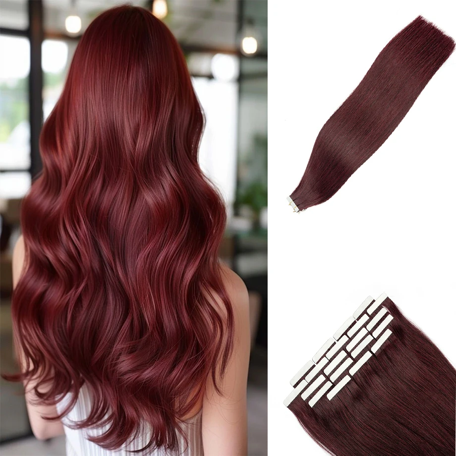 

Wine Red Tape In Extensions 100% Human Hair Straight Hair Extension Seamless Skin Weft Real Remy Hair Extension 20pcs Burgundy