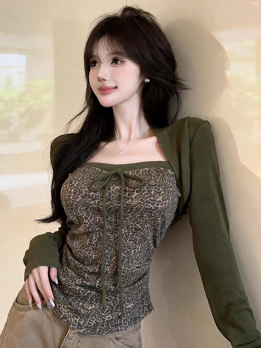 Fashionable Leopard Print Drawstring Belt Design Slimming Base Shirt Autumn Winter New Style High Waist T-Shirt for Women