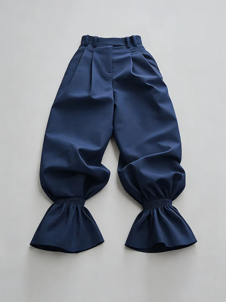 Beautyblue – pantalon taille haute décontracté pour femmes, jambes larges, avec poche, détail plissé, garniture à volants, couleur unie, bas vert