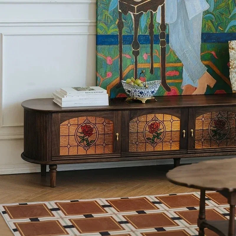 NEW Black walnut TV cabinet Nordic retro living room home stained glass TV cabinet