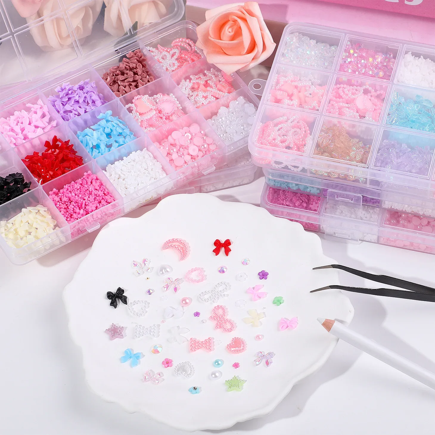 1000Pcs 3D Kawaii Mini Bow Nail Art Decorations Matte Butterfly Heart Pearl Nails Charms Designs DIY Resin Nail Accessories