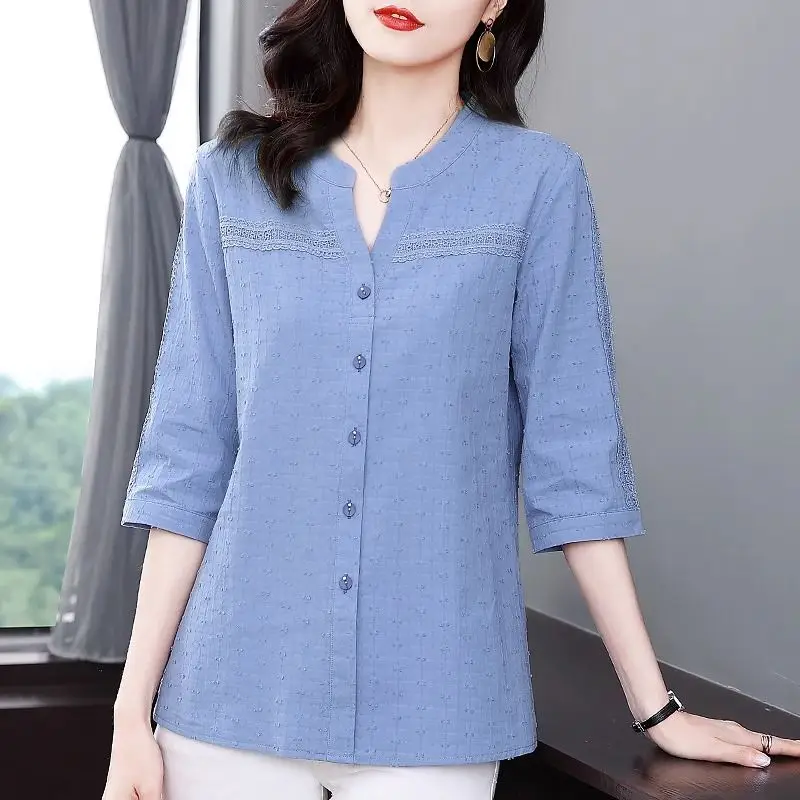 Pure Cotton Half Sleeved Shirts Women\'s 2024 Spring Autumn New Patchwork Lace V-neck Large Single-breasted Commute Cardigan Tops