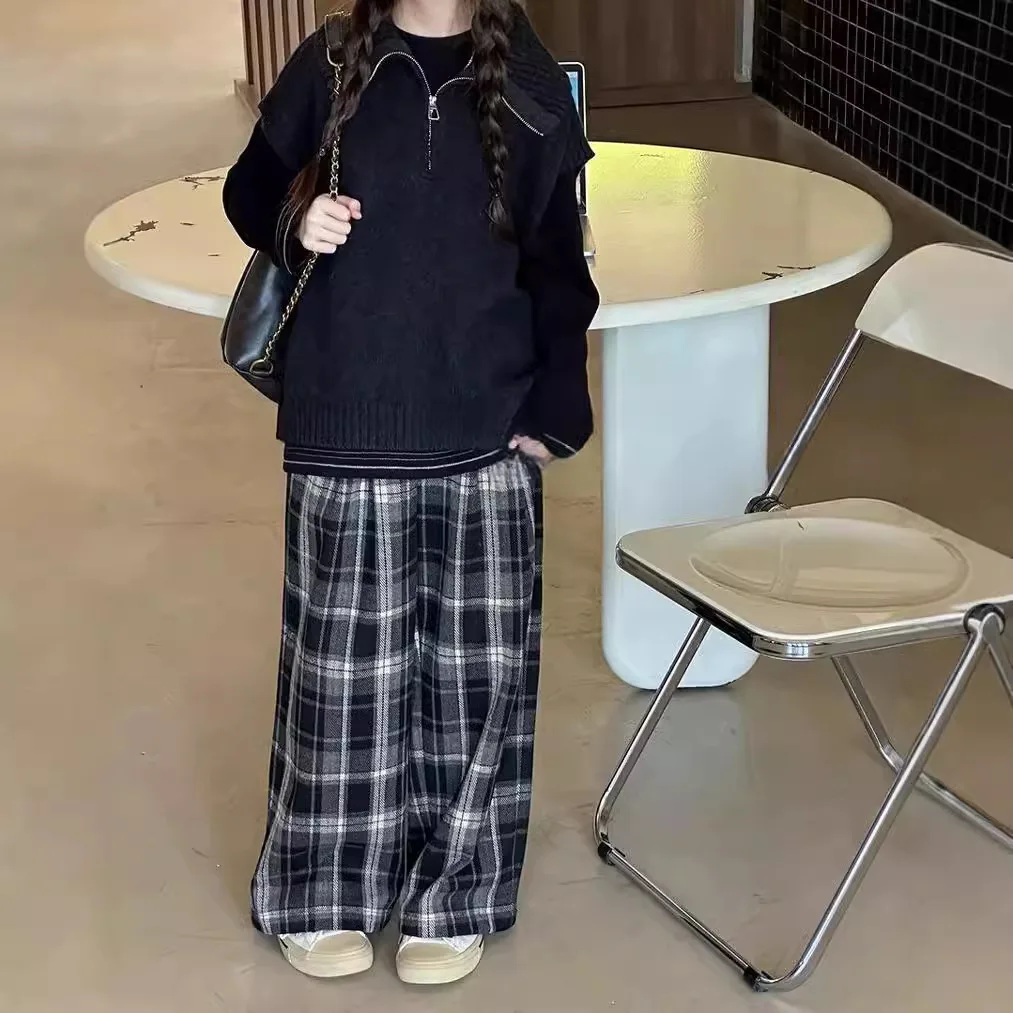 

Girls Fall Suits 2024 New Sweater Vest Cotton Base Shirt Plaid Wide-leg Pants Three-piece Set Korean Simple Style Fashion Suits