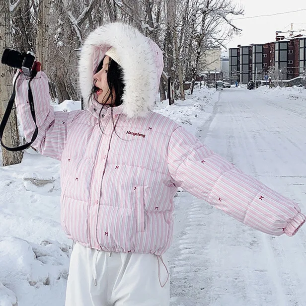 Parkas Women Short Coats Fur Collar Hooded Zipper Jackets Striped Print Bow Thick Y2k Streetwear Jacket Work Autumn Winter