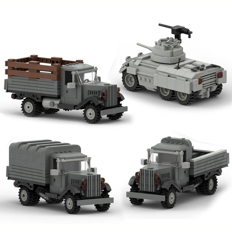 WW2 Military Truck Building Block Transport Vehicle M8 Light Armored Vehicle MOC Assembly Model Toys For Boys