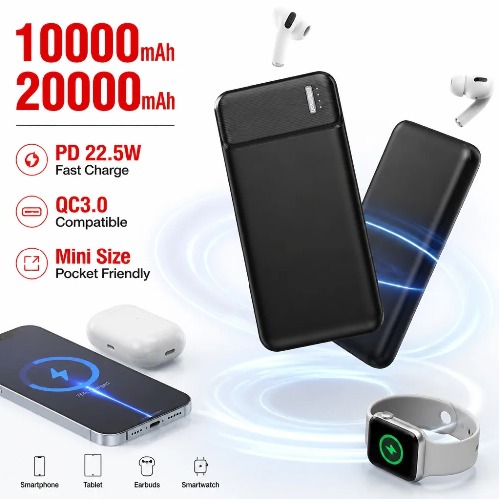 20000mAh Mini Power Bank Fast Charging 10000mAh Portable Charger Compact PD QC3.0 External Battery for iPhone Samsung PowerBank