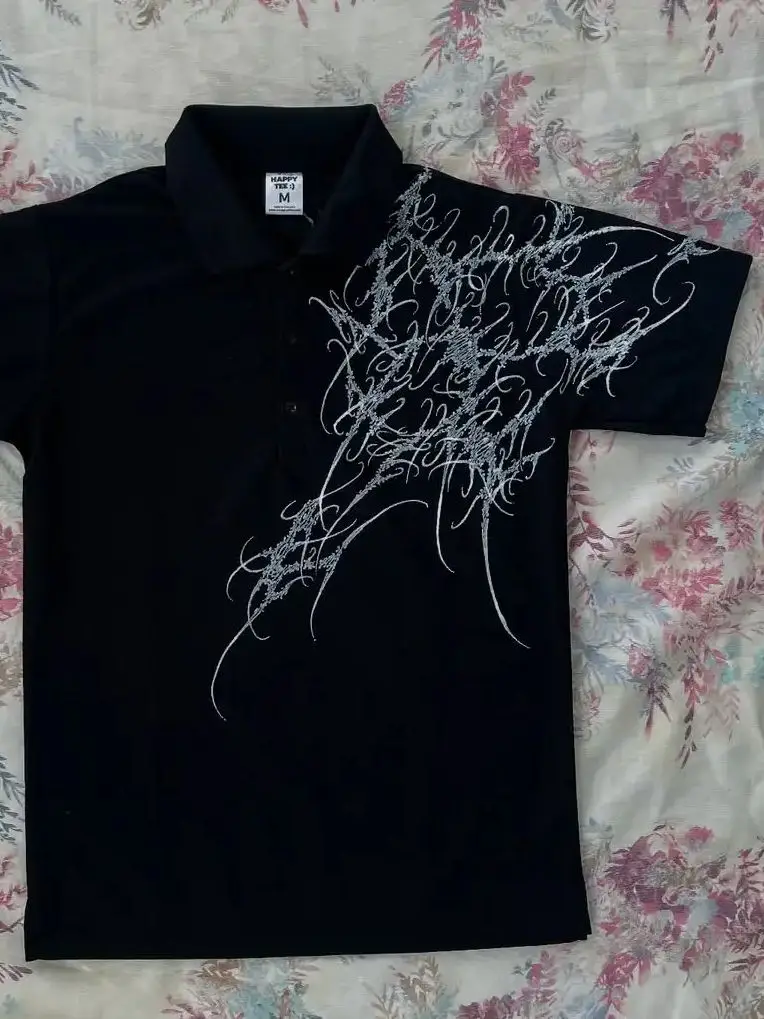 هاي ستريت ملابس عصرية Y2K Harajuku القوطية المتضخم التلبيب قصيرة الأكمام الرجال الشارع الهيب هوب ريترو قميص بولو فضفاض غير رسمي #2