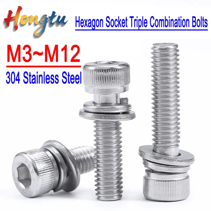 

Hongtu M3/M4/M5/M6/M8/M10/M12 Cylindrical Head Screws - 304 Stainless Steel Hexagon Socket Triple Combination Bolts