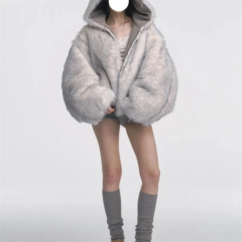 2025 Ｎnová dvojitá ledově modrá špičatá letecká bunda z umělé kožešiny, šetrná k životnímu prostředí, zateplenější s čepicí - náhled 2