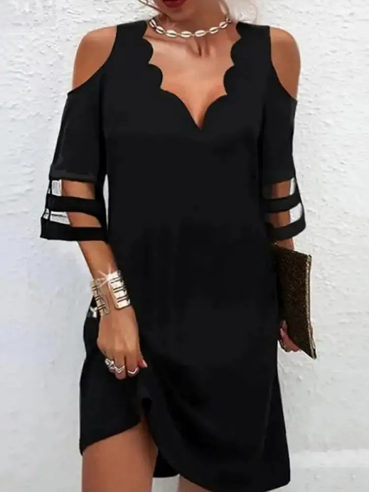 Uoozee 2024 New Female Fashion Elegant Evening Mini Dresses Summer Half Sleeves Cold Shoulder Solid Color V-Neck Short Dress