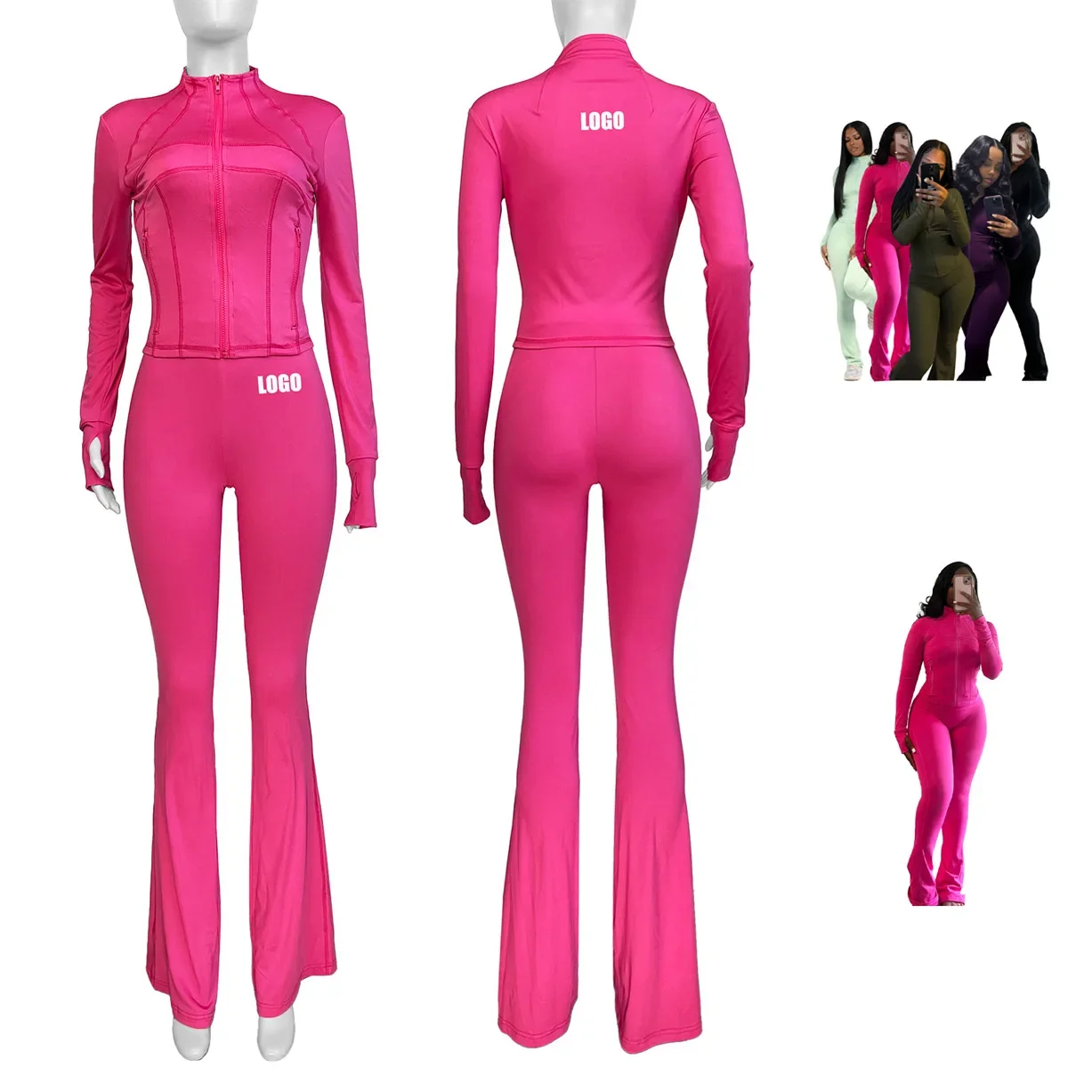 Custom LOGO women's clothing sports casual sexy tight-fitting wear thumb long-sleeved micro-flared pants two-piece set