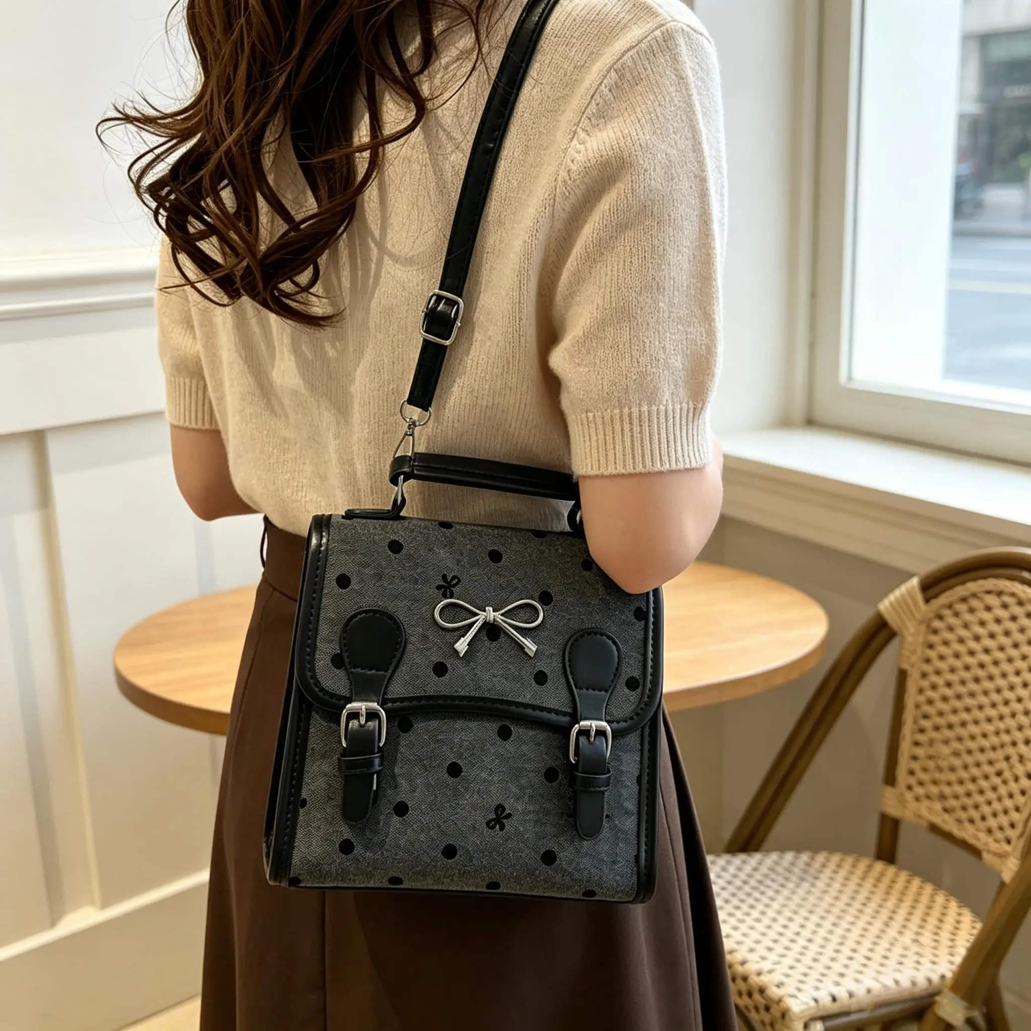 Women’s Vintage Polka-dot Bow Canvas Backpack, 2-Way Wear Preppy Style Handbag Crossbody Bag for Daily & School