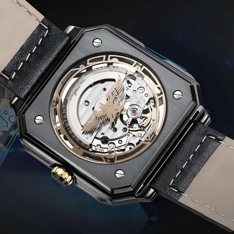 MIGE Sport Mens Mechanical Watch Square Hollow Skeleton Dial Black Leather Band Automatic Wrist Watch for Men