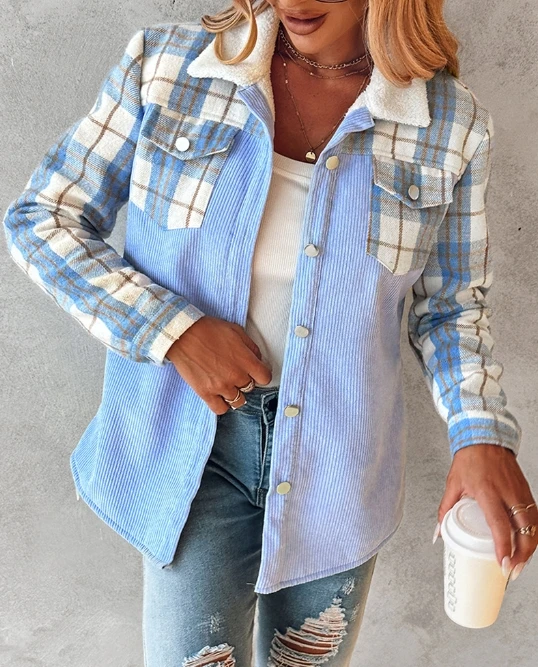 

Hot selling autumn and winter new women's fashionable casual jacket with color block checkered printed corduroy lining jacket ﻿