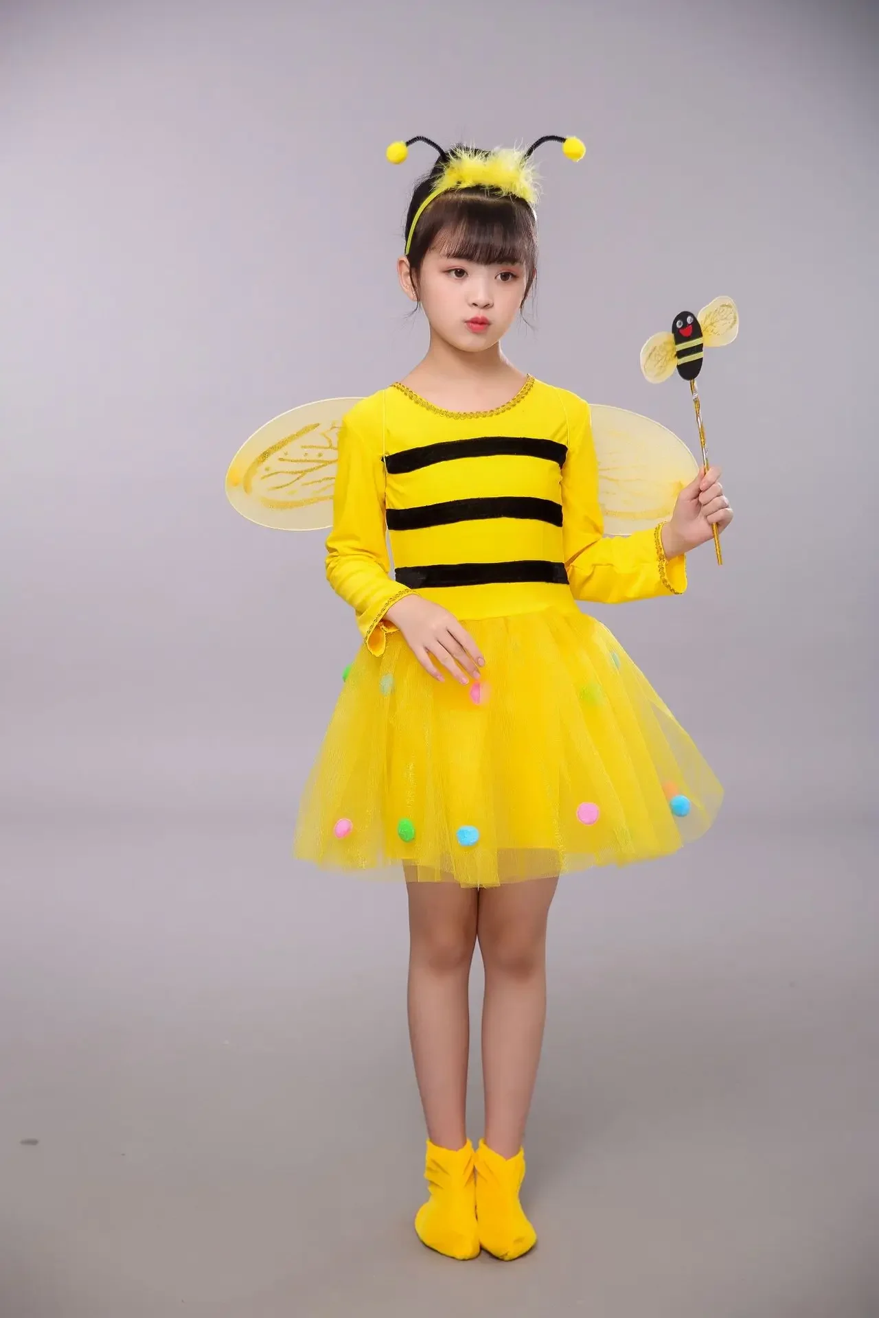 Bijenkostuum Kinderen Halloween Cosplay Set Bijenjurk met Vleugels Hoofdband Beenmouwen en Haarhoepel voor Show Dress Up