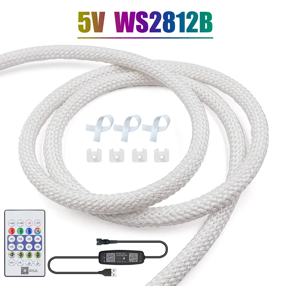 5V WS2812B RGB LED Neon Strip Nylon Rope Light Bluetooth-compatible 28key Remote Control USB Kit 360 Round Tube Flexible Decor