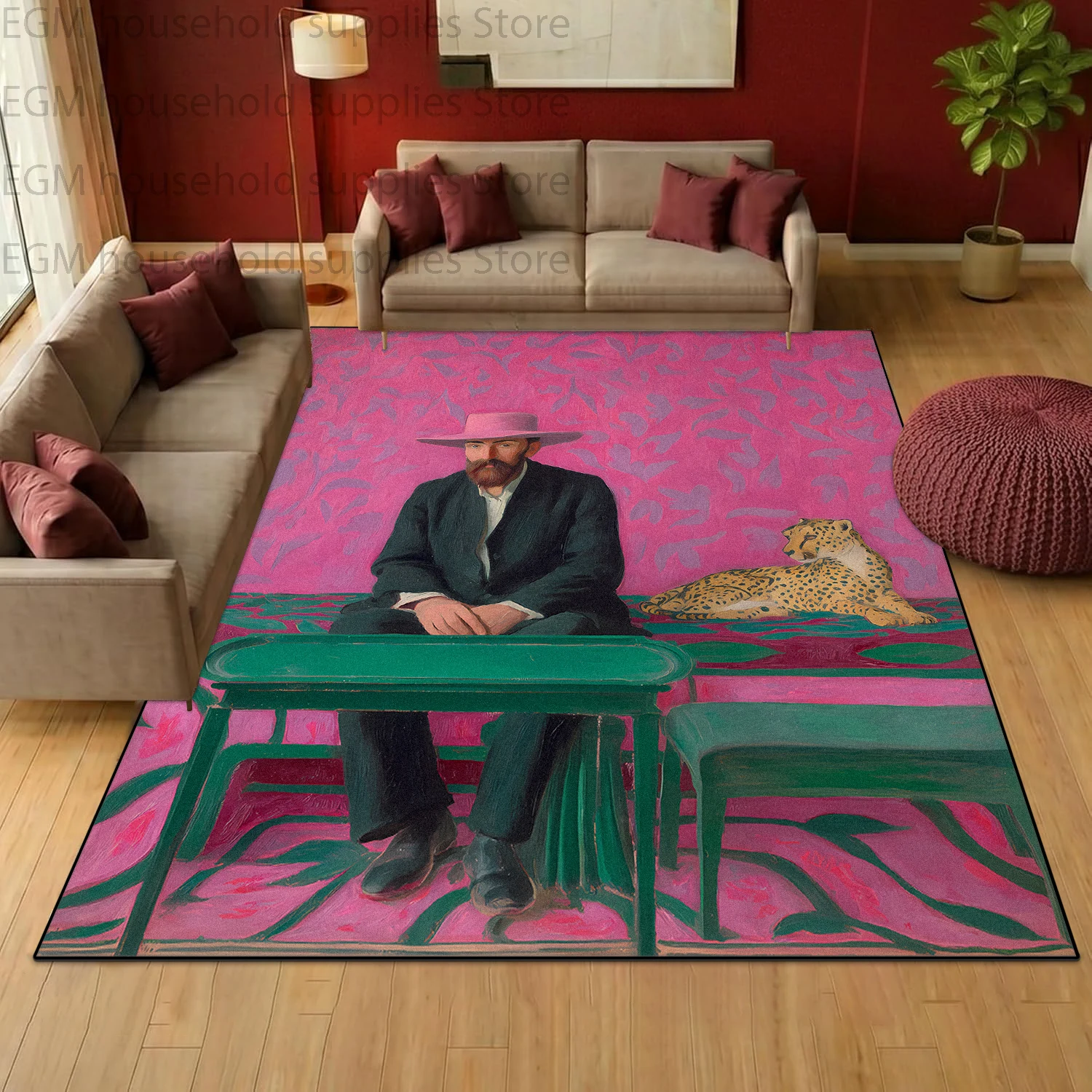 Pink Leopard Figure Floral Oil Painting Short Velvet Large Carpet for Living Room Retro Art Home Decor Rug Non-slip Bedroom Mats
