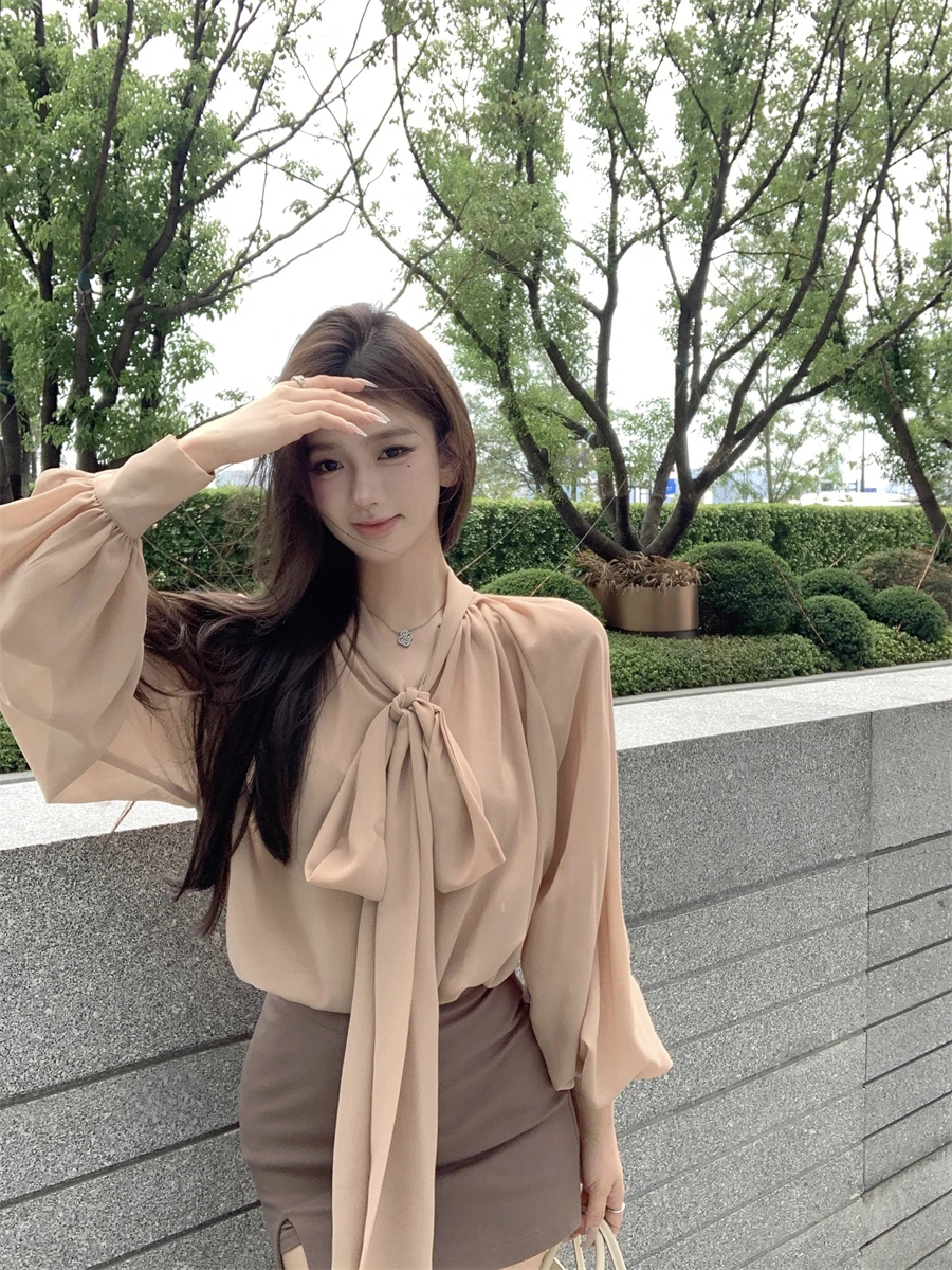 

Elegant Unique Women's Chiffon Shirt with Sashes Long Sleeve Loose Commute Style Spring Design Breathable Comfortable Top
